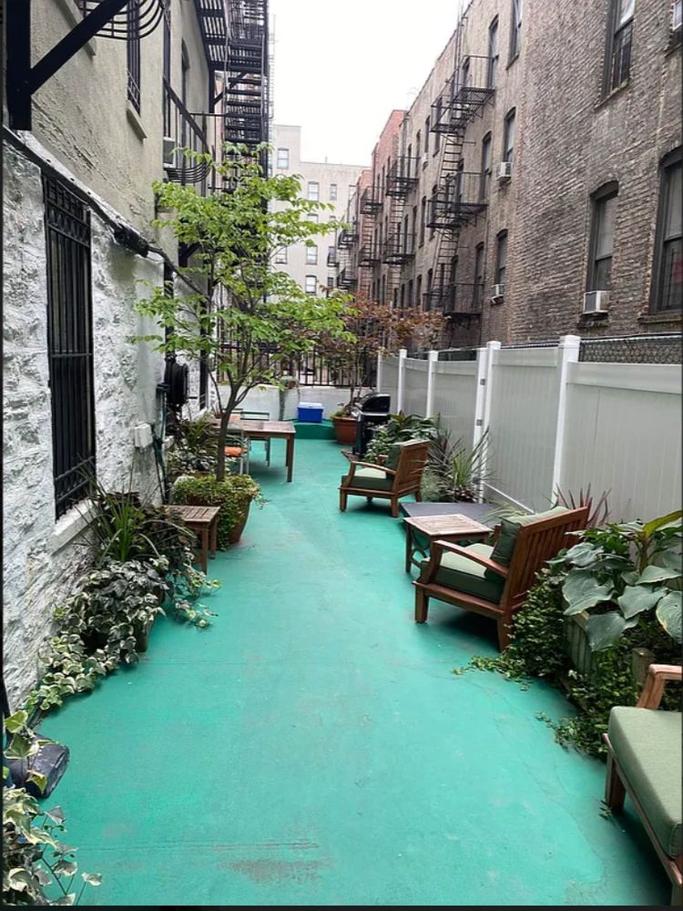 a view of a backyard with plants and a bench