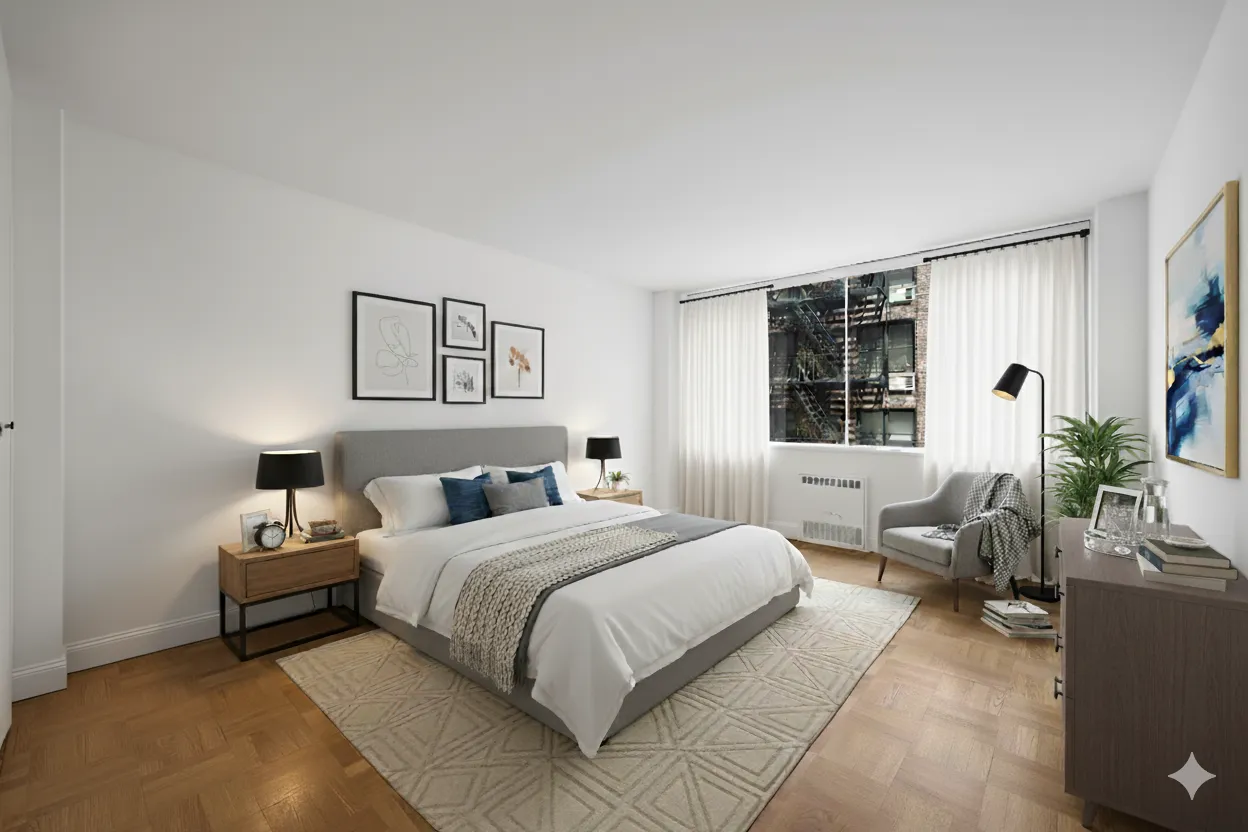 a bedroom with a large bed and a window