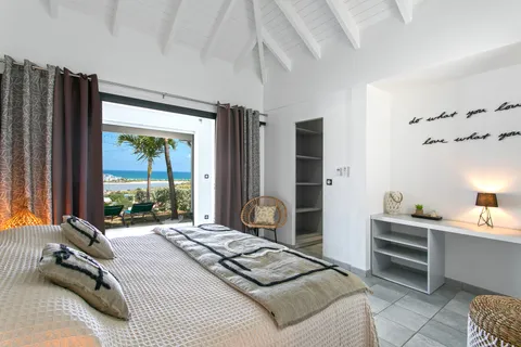 a bedroom with a bed a large window and walk in closet