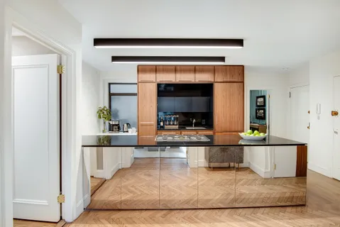 a living room with a couch and a potted plant