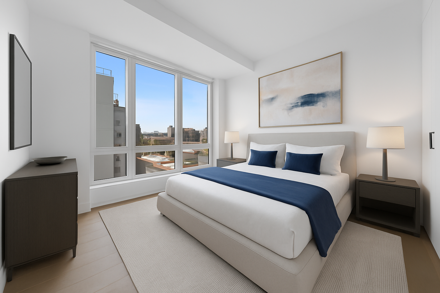 47-01 Vernon Boulevard, Unit 4E Queens, NY 11101 - Photo 5 of 9 a bedroom with a bed and a large window