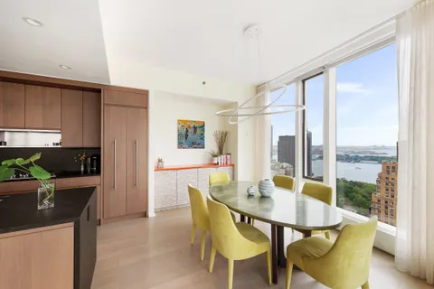 a view of a dining room with furniture window and outside view