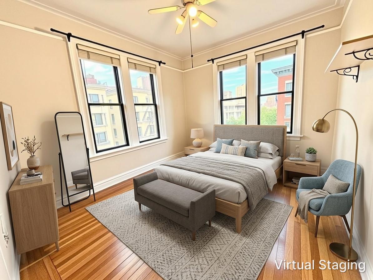 170 Claremont Avenue, Unit 19 Manhattan, NY 10027 - Photo 3 of 9 a spacious bedroom with a bed a couch and a dresser next to a window