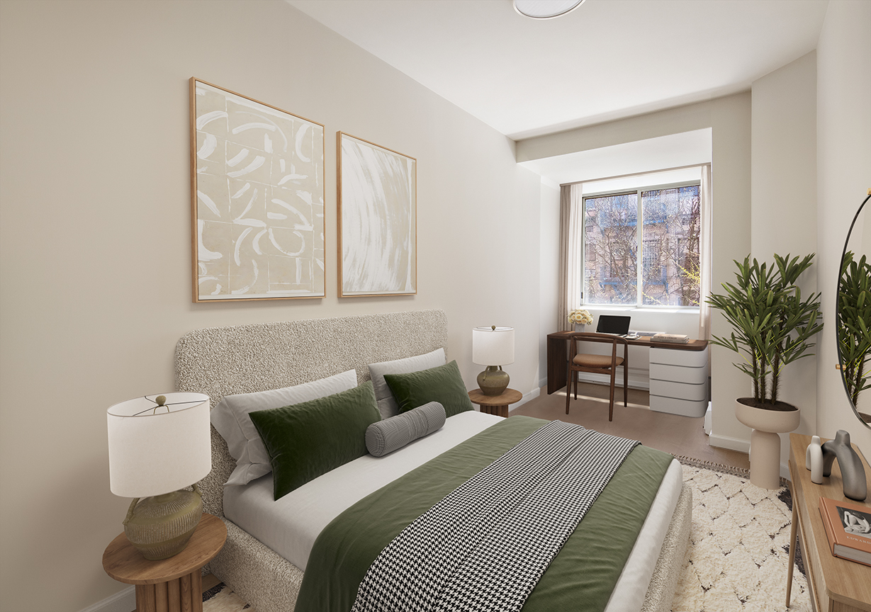 194 East 2nd Street, Unit 5B Manhattan, NY 10009 - Photo 3 of 15 a bedroom with a bed a table and chair with a potted plant