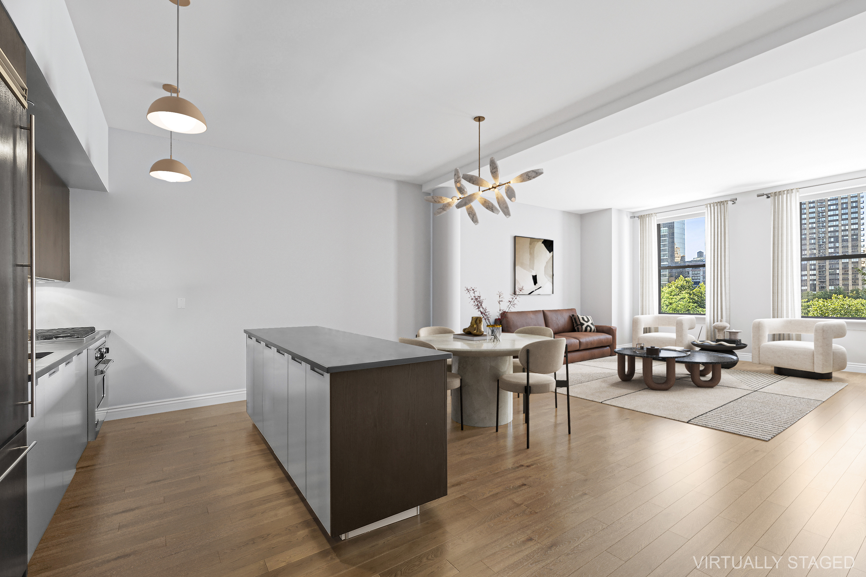 225 5th Avenue, Unit 7K Manhattan, NY 10010 - Photo 1 of 14 a living room with couches and kitchen view with wooden floor