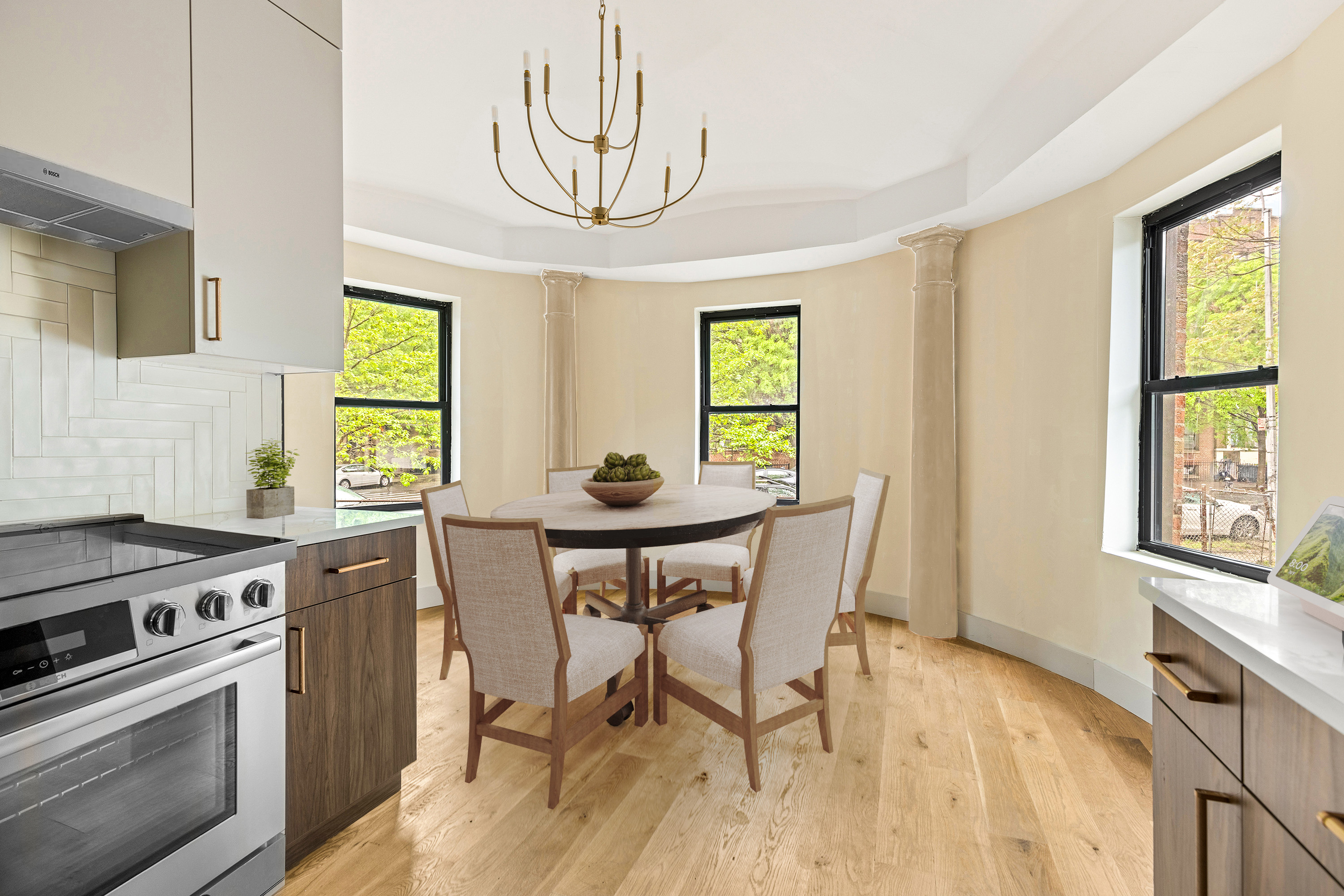697 East 21st Street Brooklyn, NY 11210 - Photo 5 of 24 a view of a dining room with furniture a chandelier and wooden floor
