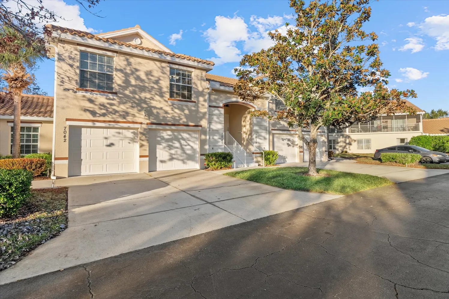 front view of a building with a street