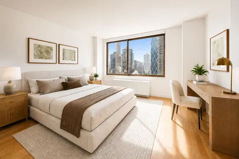 a spacious bedroom with a large bed and a large window
