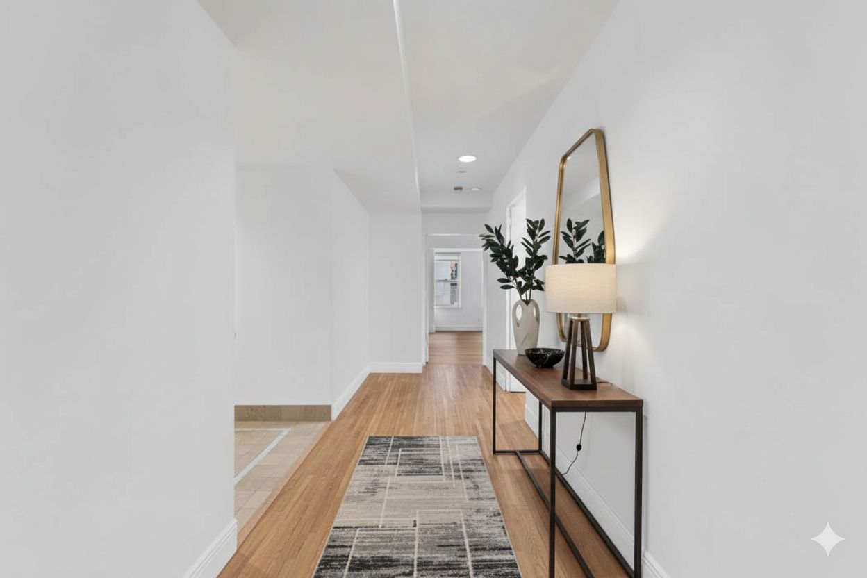 a view of a hallway with furniture