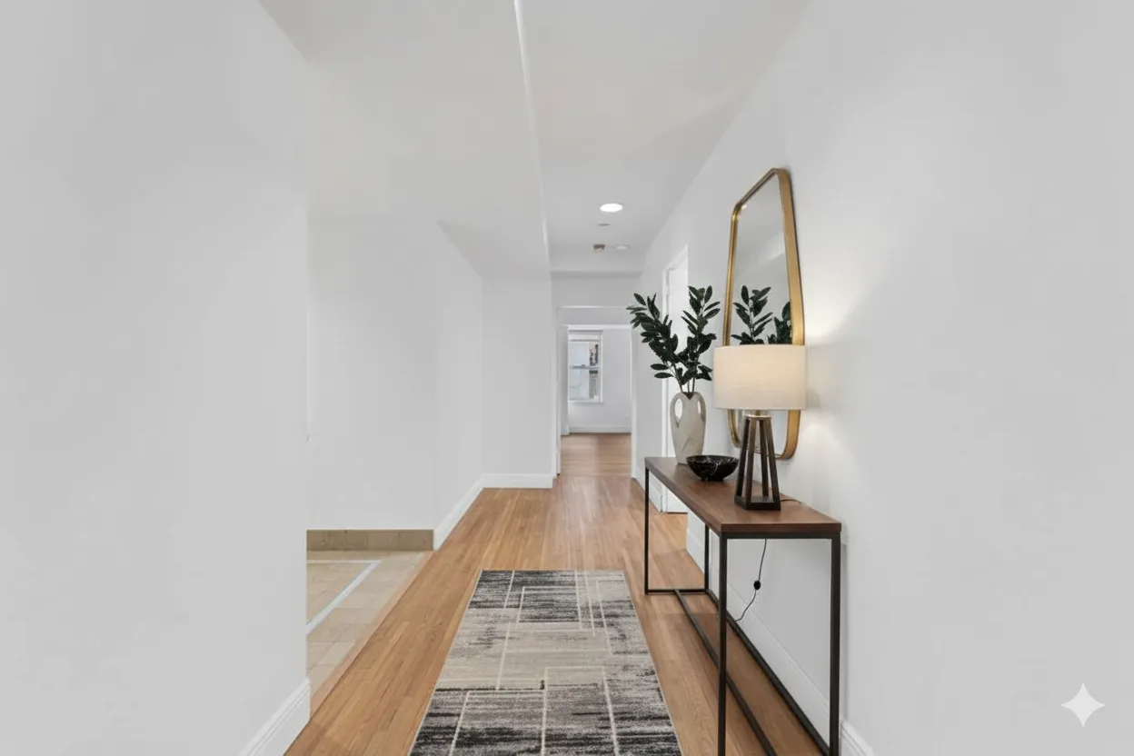 a view of a hallway with furniture