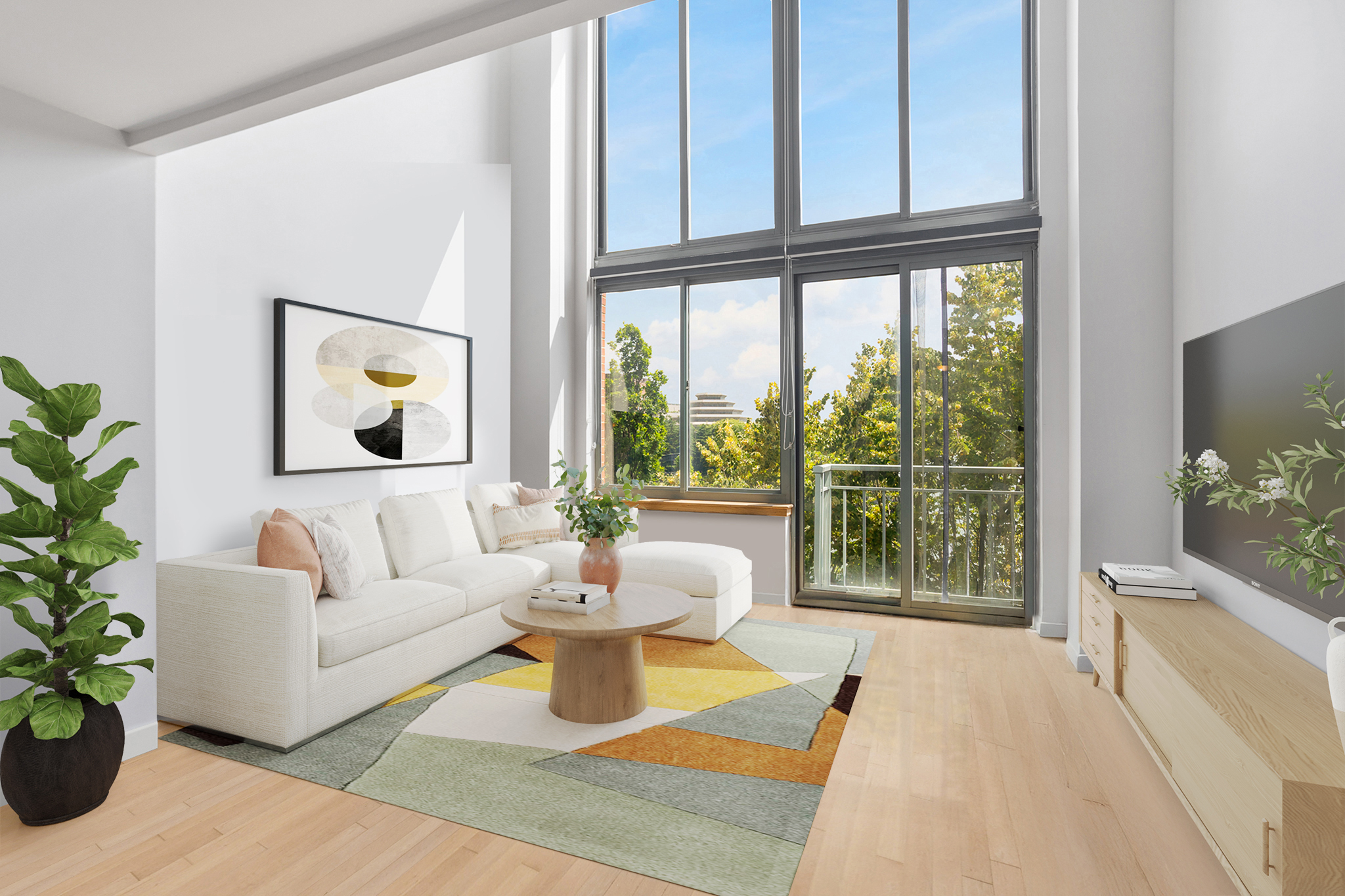 21 South End Avenue, Unit 406 Manhattan, NY 10280 - Photo 2 of 16 a living room with furniture and a large window
