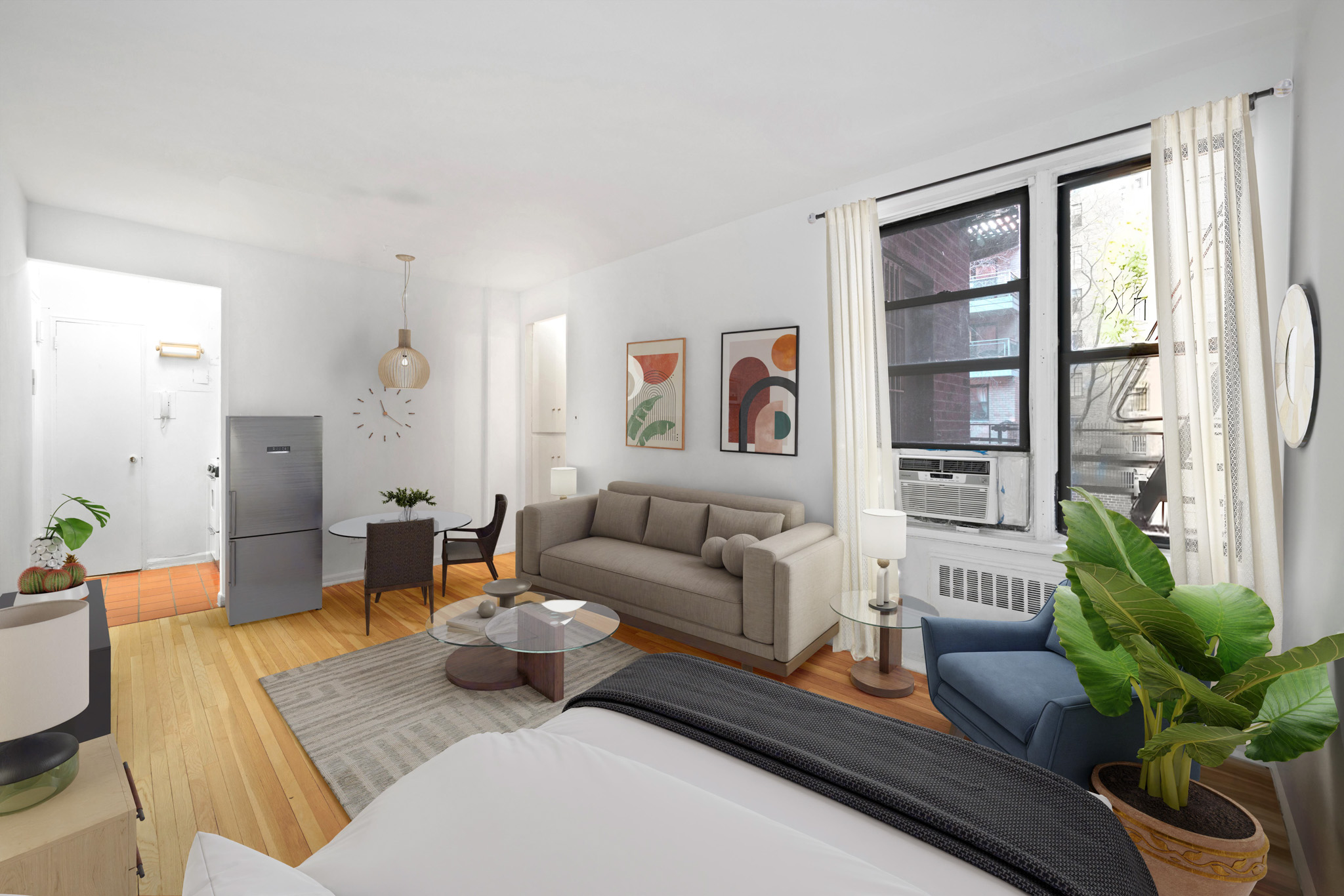 60 East 9th Street, Unit 235 Manhattan, NY 10003 - Photo 3 of 14 a living room with furniture potted plant and a window