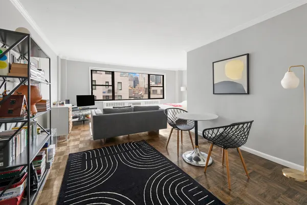 a living room with furniture a rug and a bookshelf