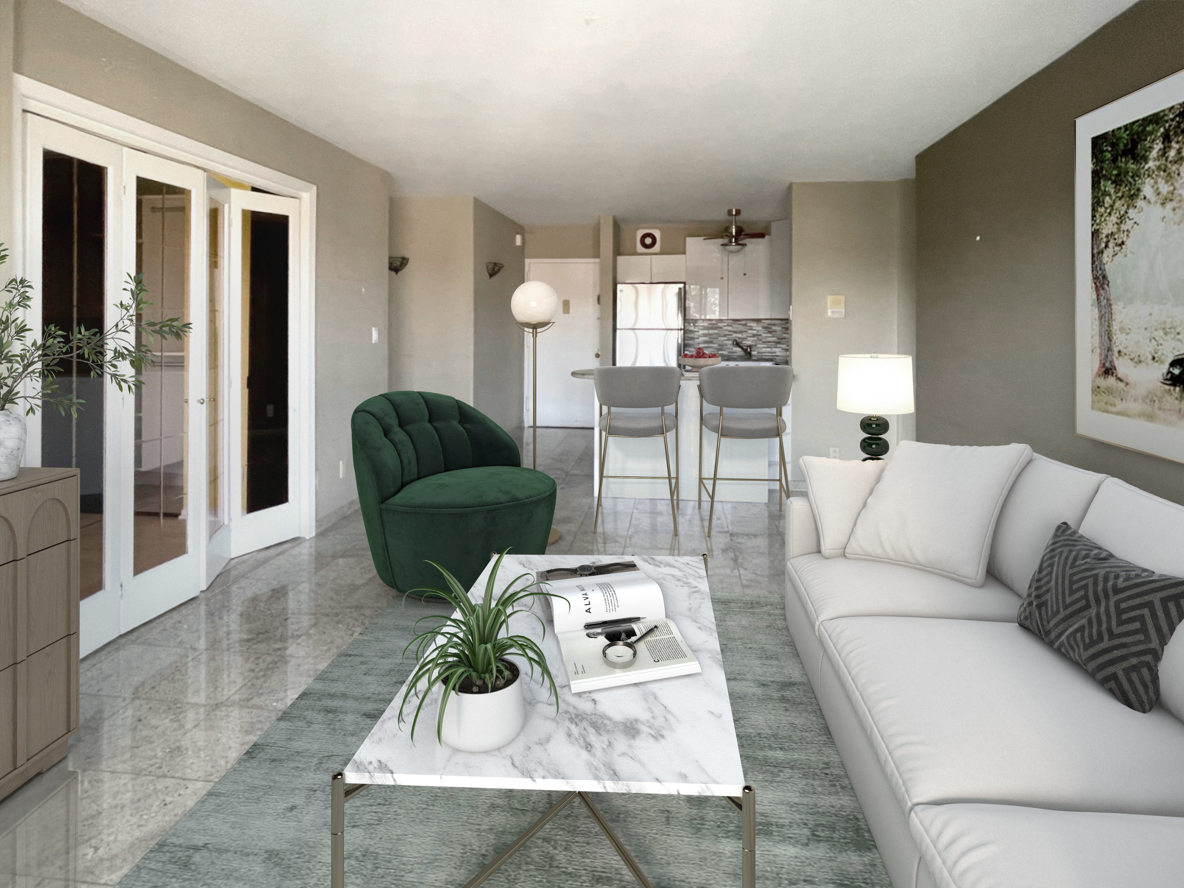 a living room with furniture and a fireplace