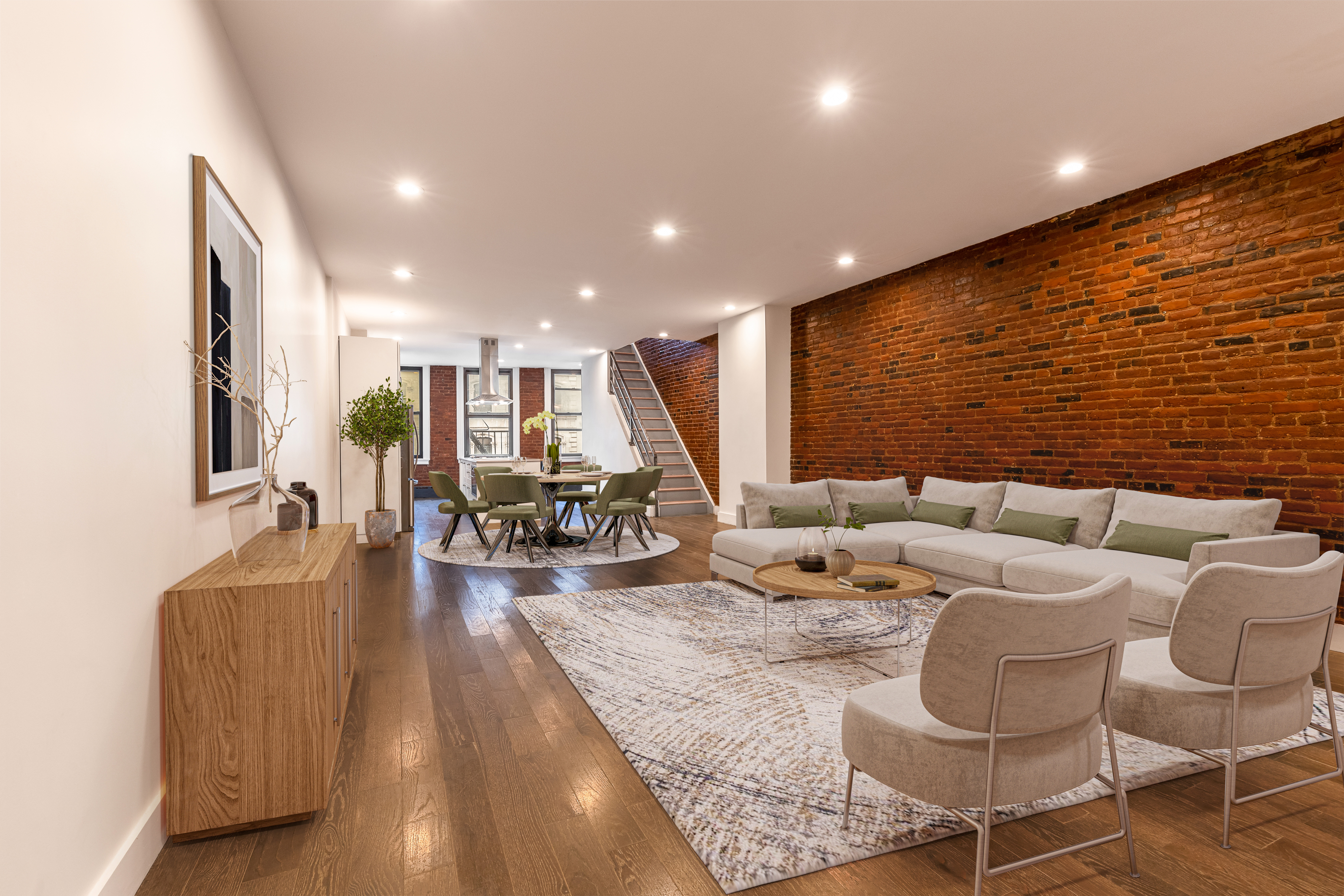 61 Lispenard Street, Unit 4 Manhattan, NY 10013 - Photo 1 of 8 a living room with furniture kitchen view and a large window