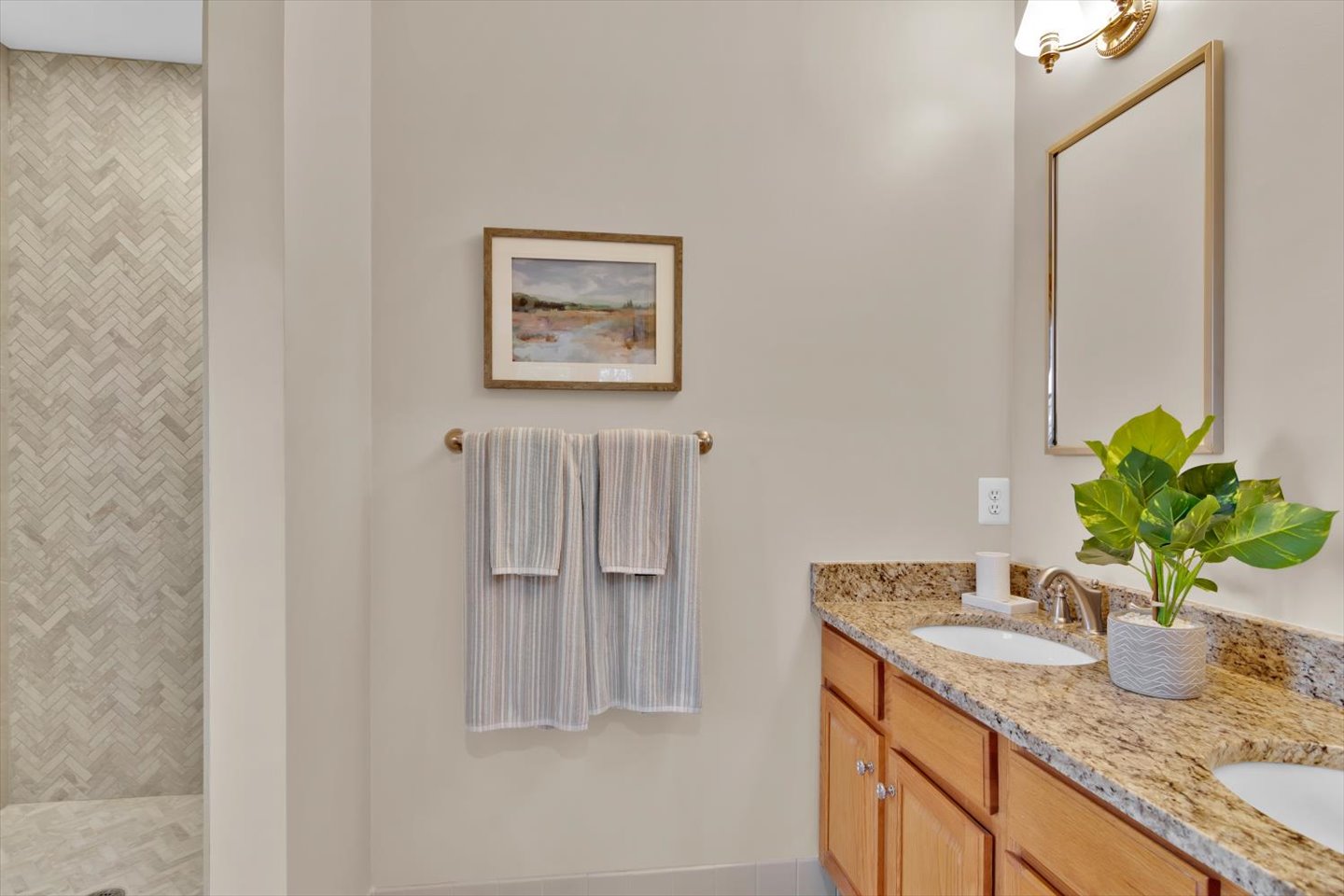 3 Pembroke Drive Voorhees, NJ 08043 - Photo 69 of 112 a bathroom with a granite countertop sink a potted plant and a mirror