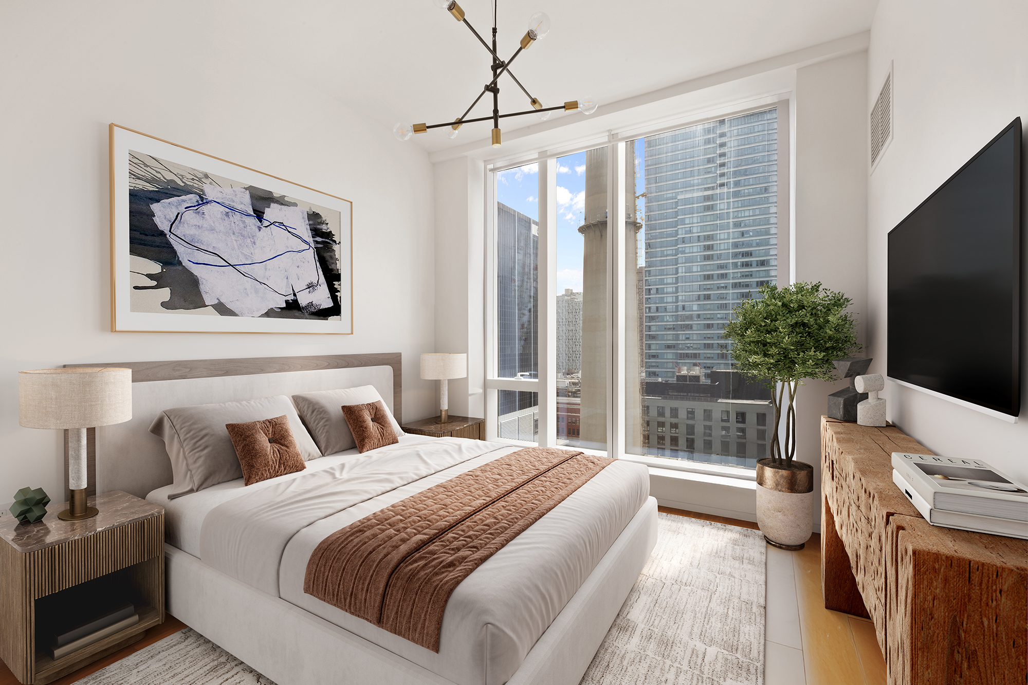 1 West End Avenue, Unit 14G Manhattan, NY 10023 - Photo 6 of 27 a bedroom with a large bed and a flat screen tv