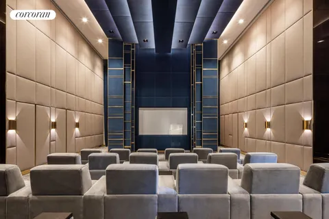 a media room with lots of chairs and a projector screen