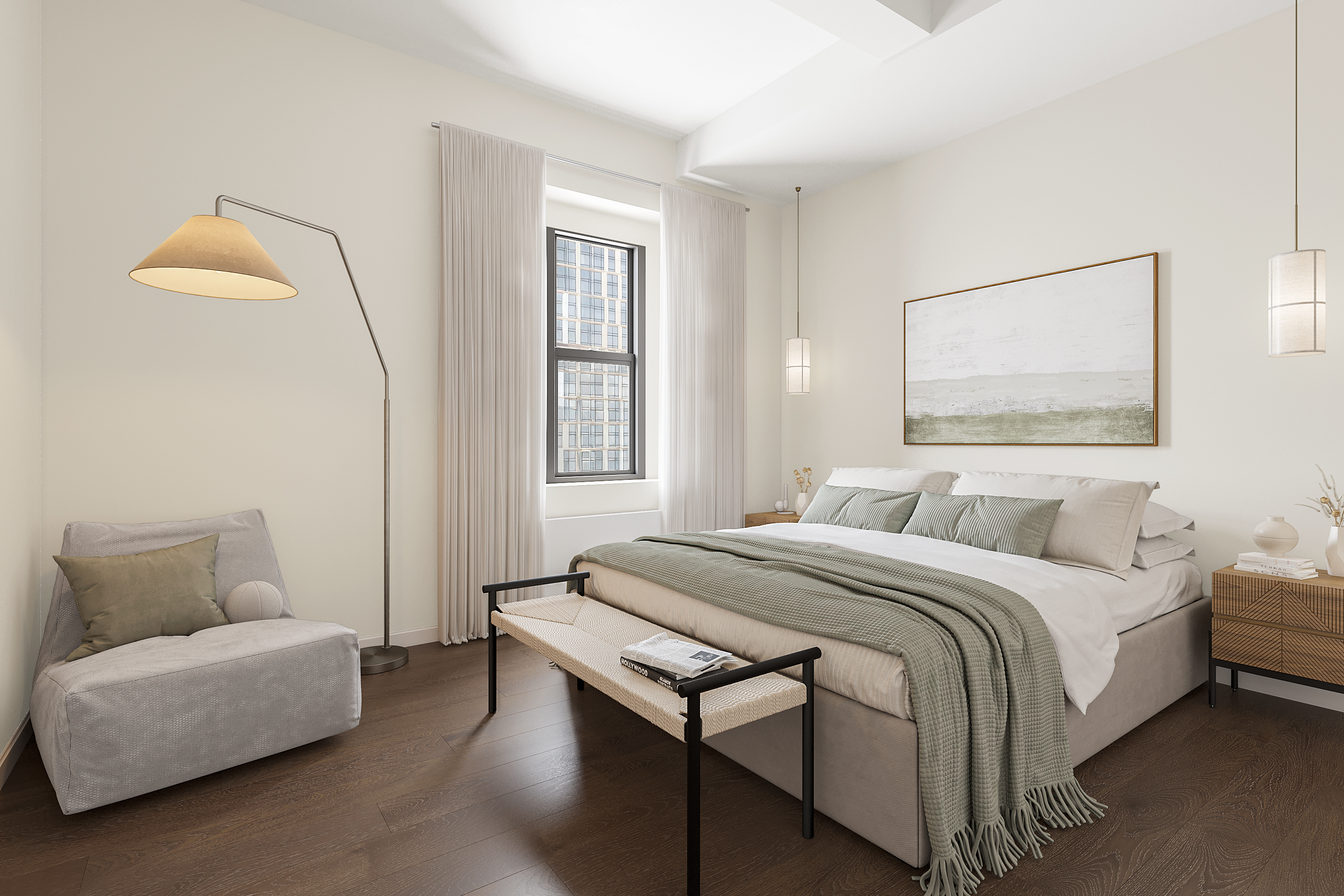 365 Bridge Street, Unit 15K Brooklyn, NY 11201 - Photo 7 of 9 a bedroom with a bed and a couch