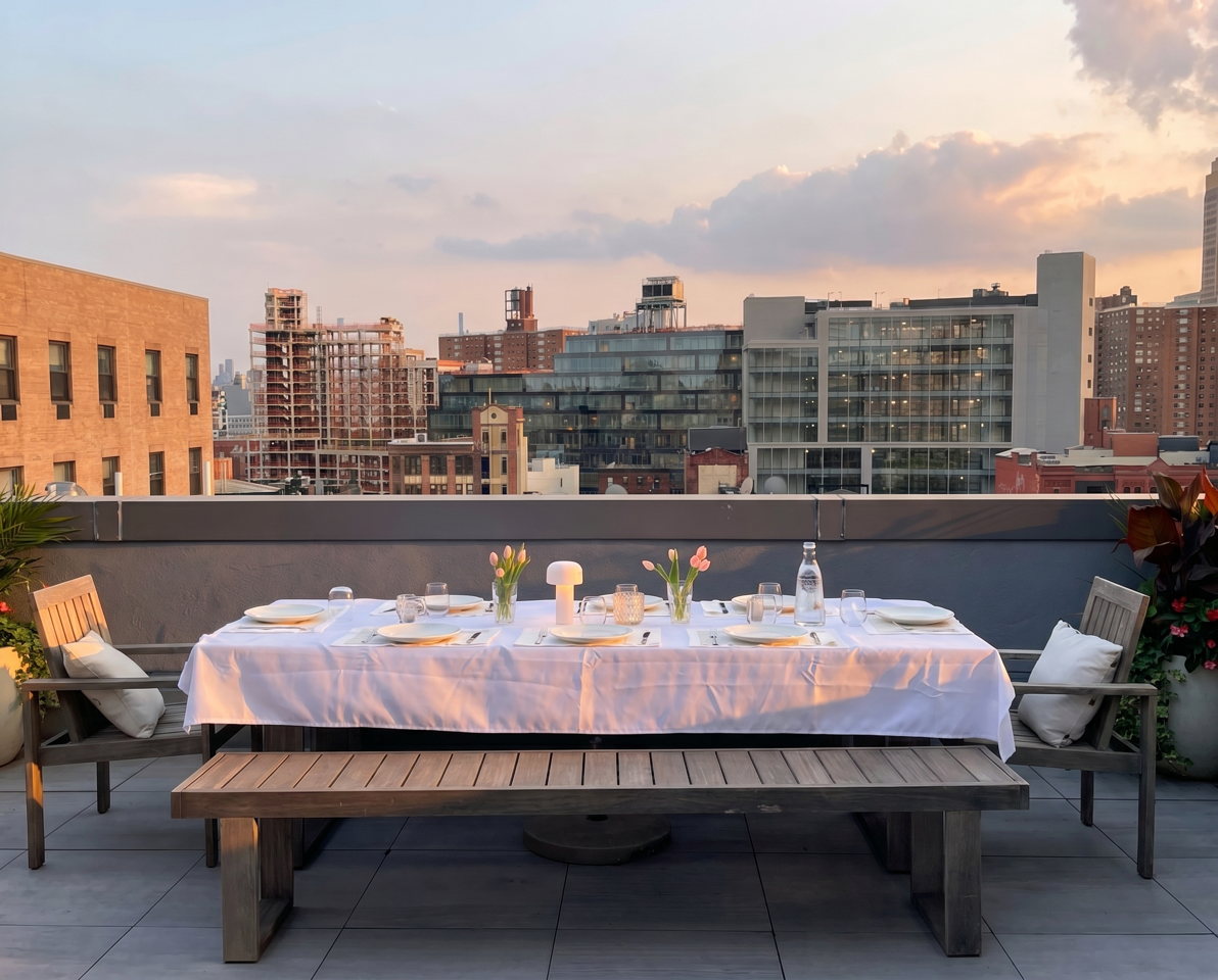 52 Convent Avenue, Unit PH Manhattan, NY 10027 - Photo 7 of 16 a view of a balcony with furniture and a city view
