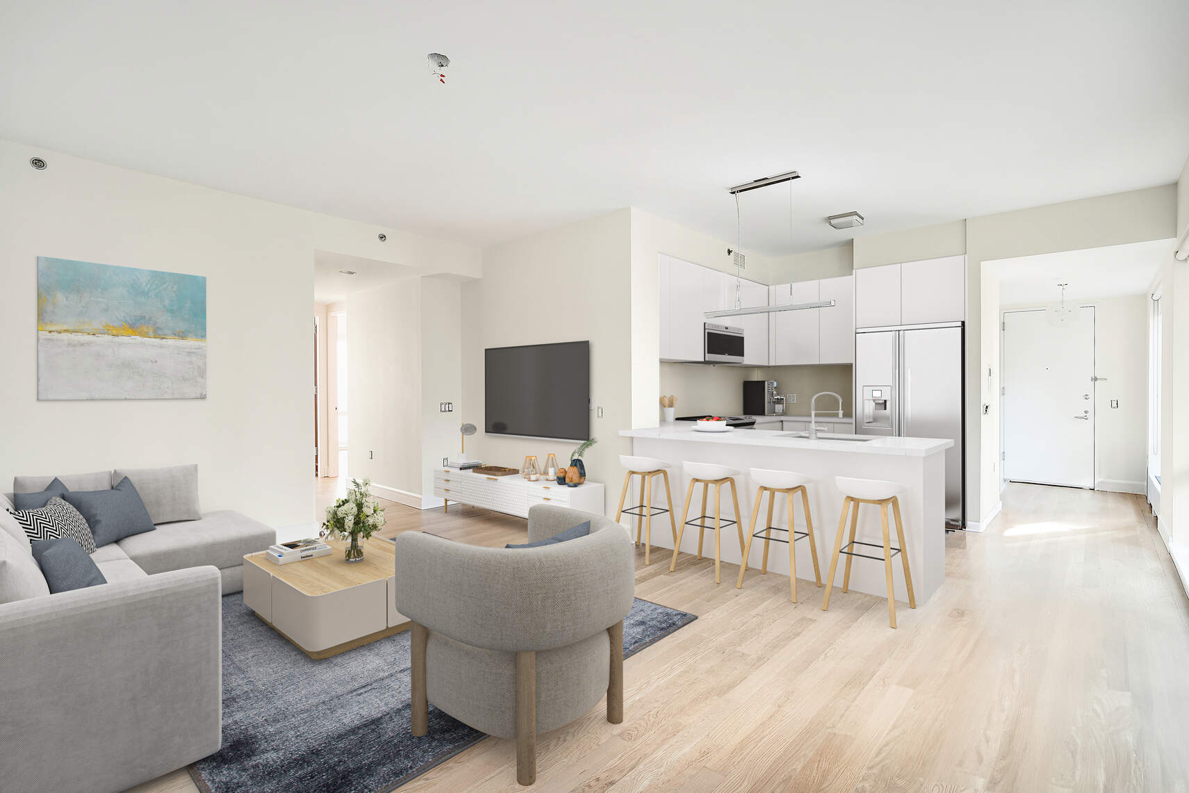 454 West 54th Street, Unit 3A Manhattan, NY 10019 - Photo 1 of 13 a living room with furniture a flat screen tv and kitchen view