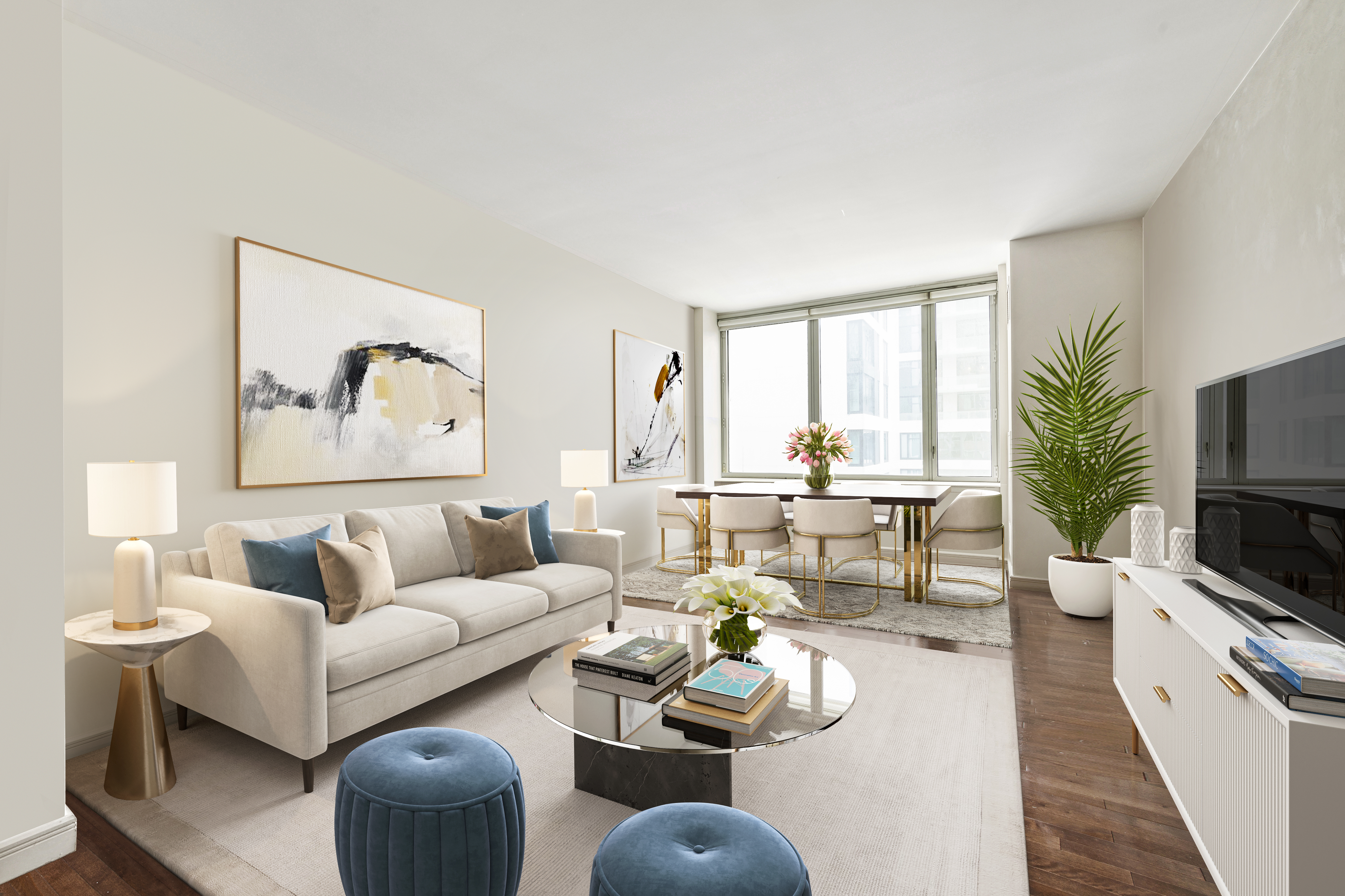 225 East 34th Street, Unit 9C Manhattan, NY 10016 - Photo 3 of 19 a living room with furniture or couch and a flat screen tv