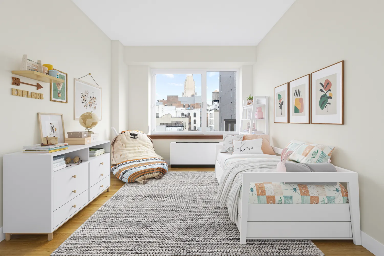 a bedroom with furniture and a large window