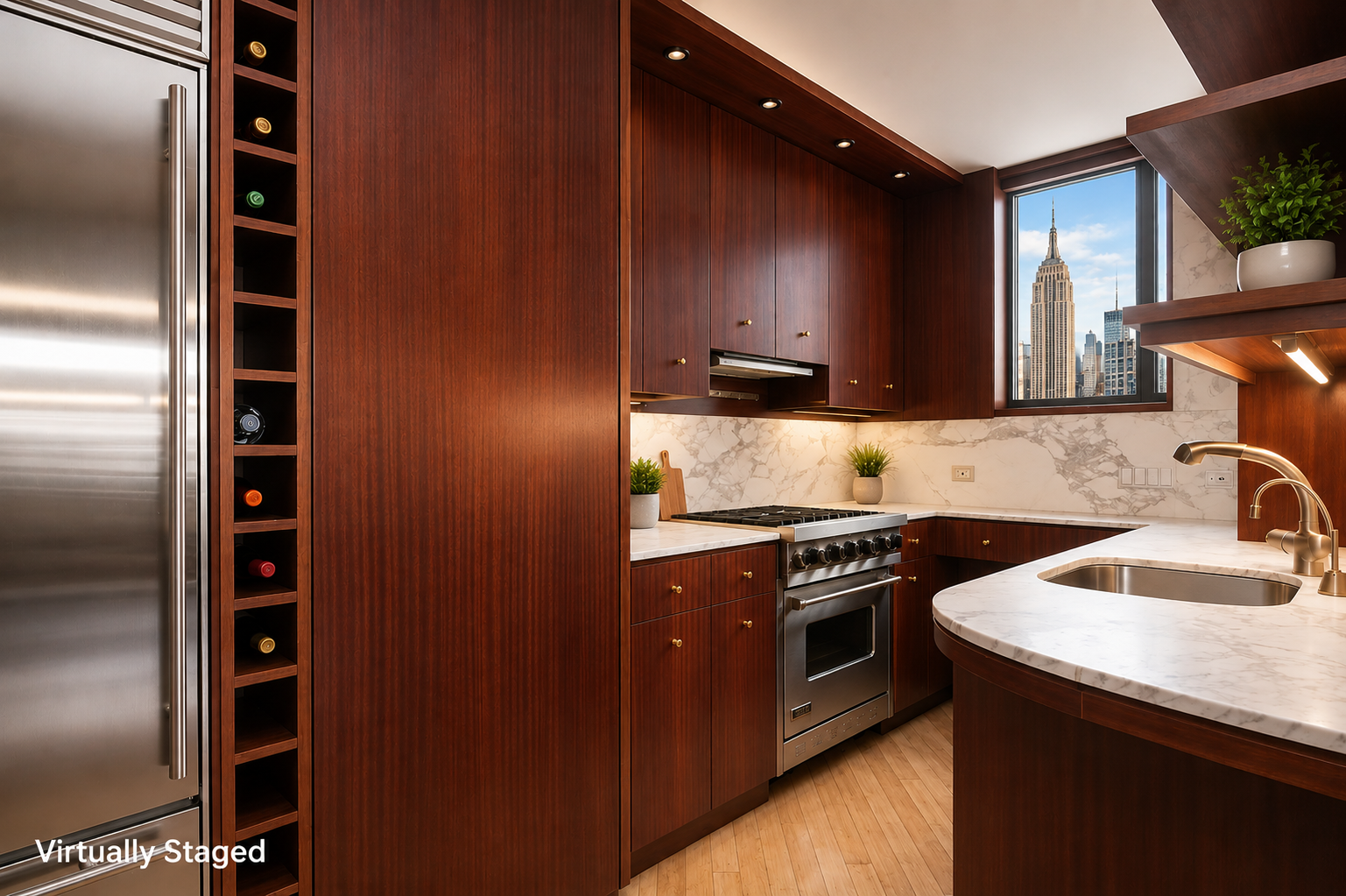 330 East 38th Street, Unit 26E Manhattan, NY 10016 - Photo 5 of 16 a kitchen with granite countertop stainless steel appliances and wooden cabinets