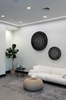 a living room with furniture and a potted plant