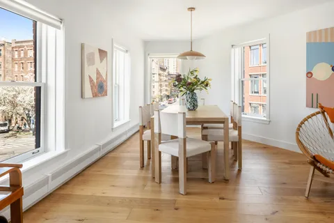 a view of a dining room with furniture window and wooden floor