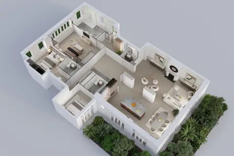 an aerial view of a house with a bed