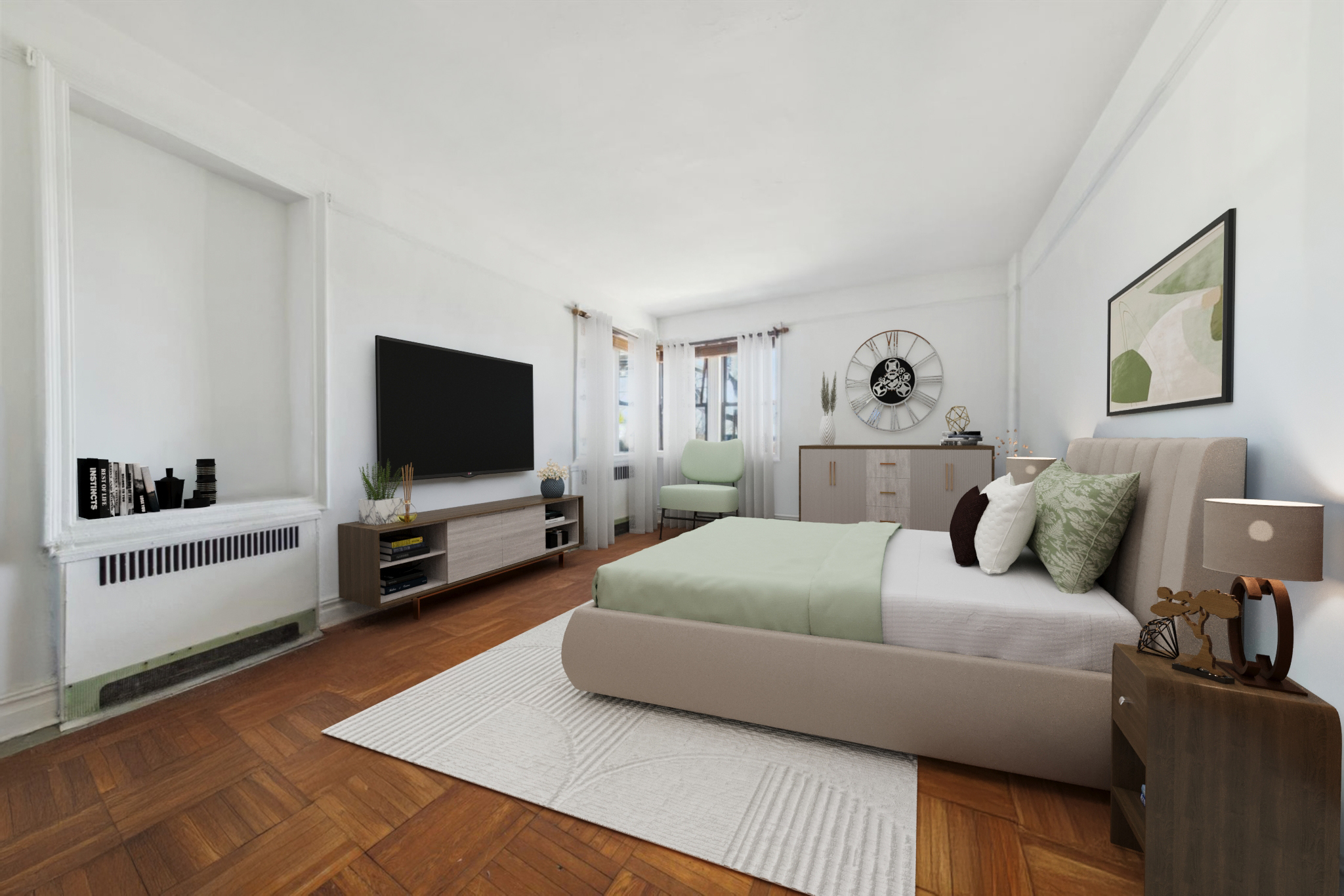 9701 Shore Road, Unit 1C Brooklyn, NY 11209 - Photo 3 of 8 a bedroom with a bed and a flat screen tv