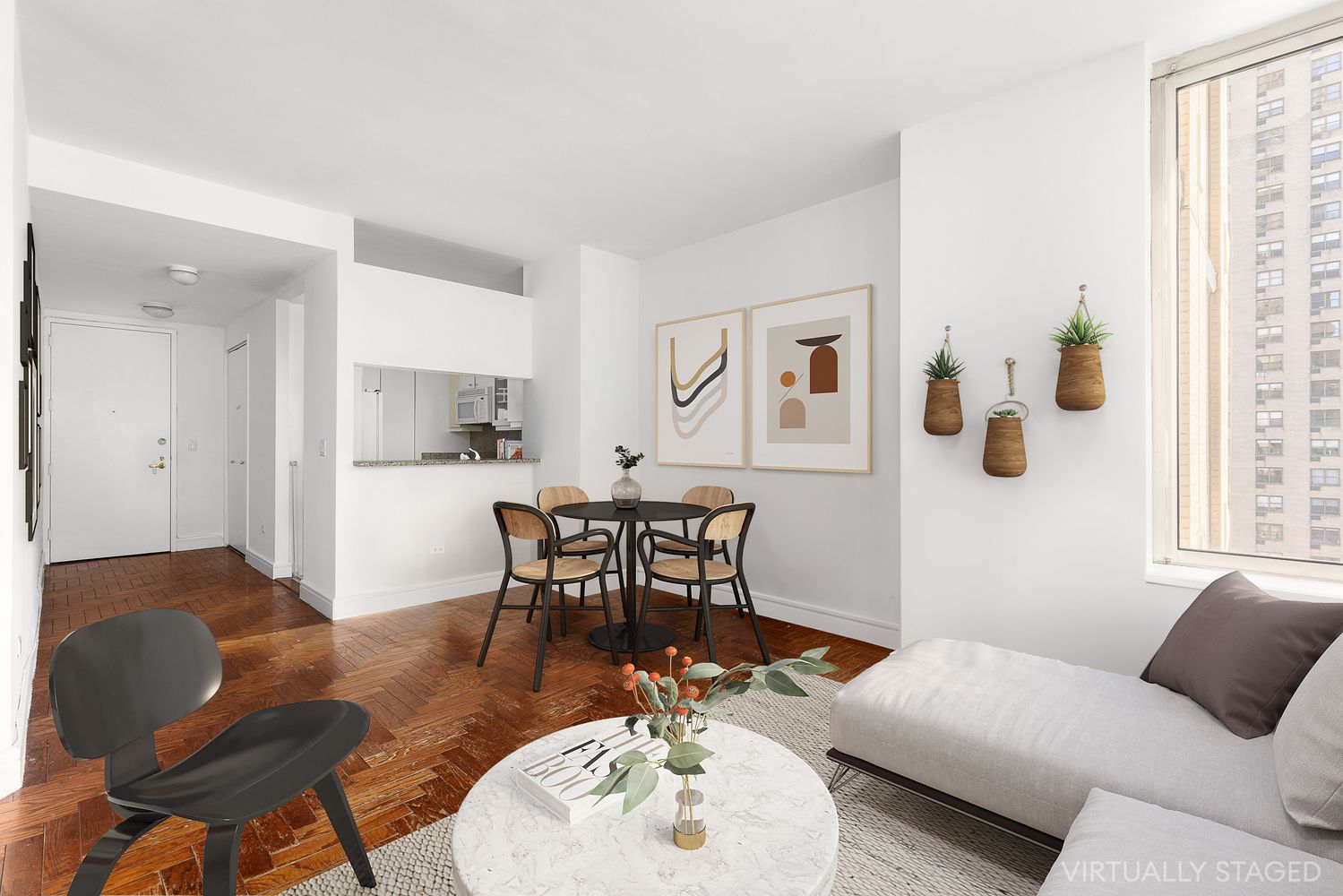 a living room with furniture and a table