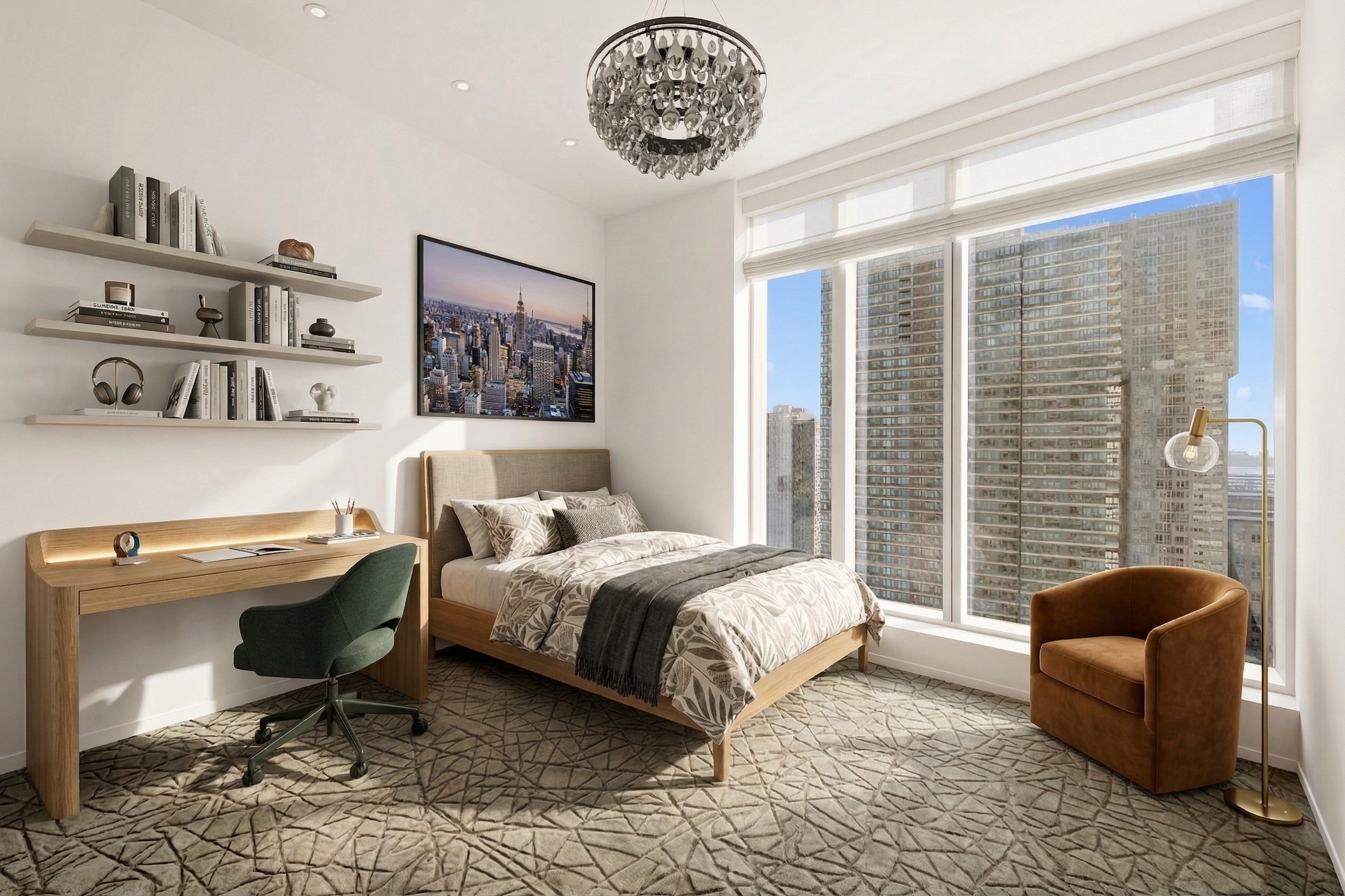 1 West End Avenue, Unit 19J Manhattan, NY 10023 - Photo 8 of 32 a bedroom with a bed and a chandelier