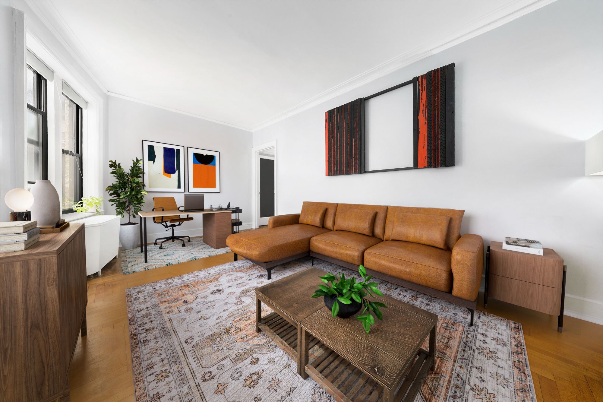 a living room with furniture rug and window