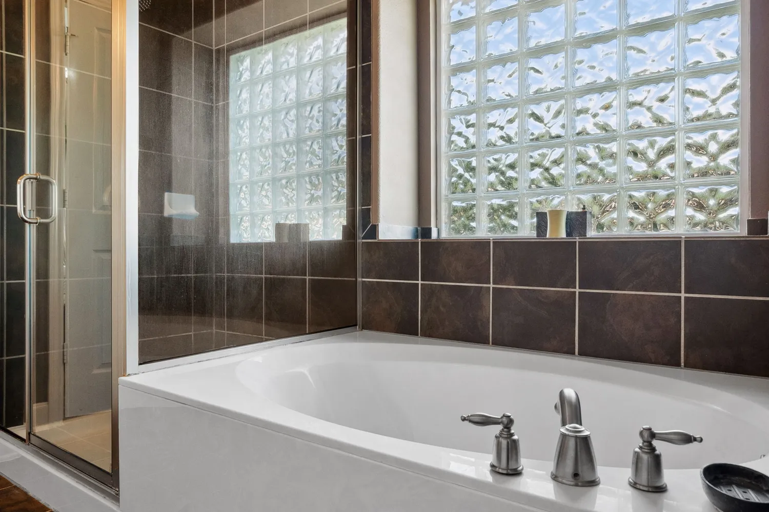 a bathroom with a bathtub