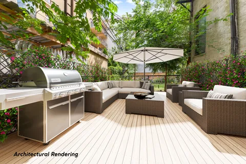 a view of a roof deck with couches under an umbrella