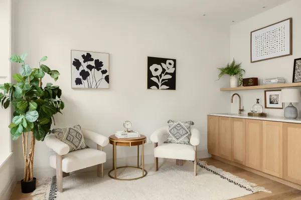 a living room with furniture and a potted plant