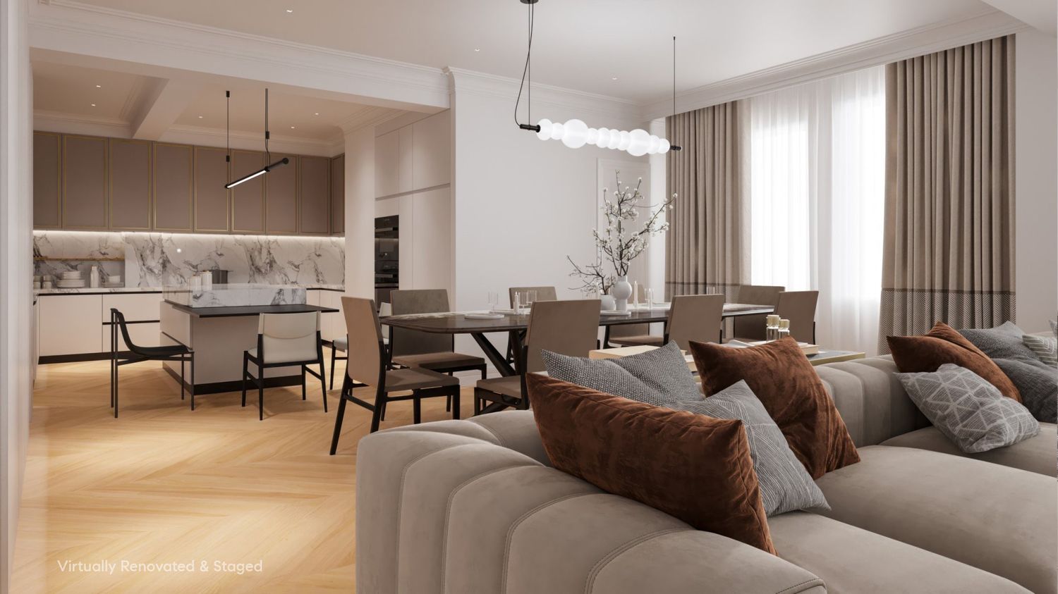 a living room with furniture and a chandelier