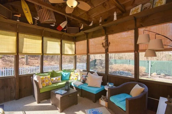 a living room with furniture and a floor to ceiling window
