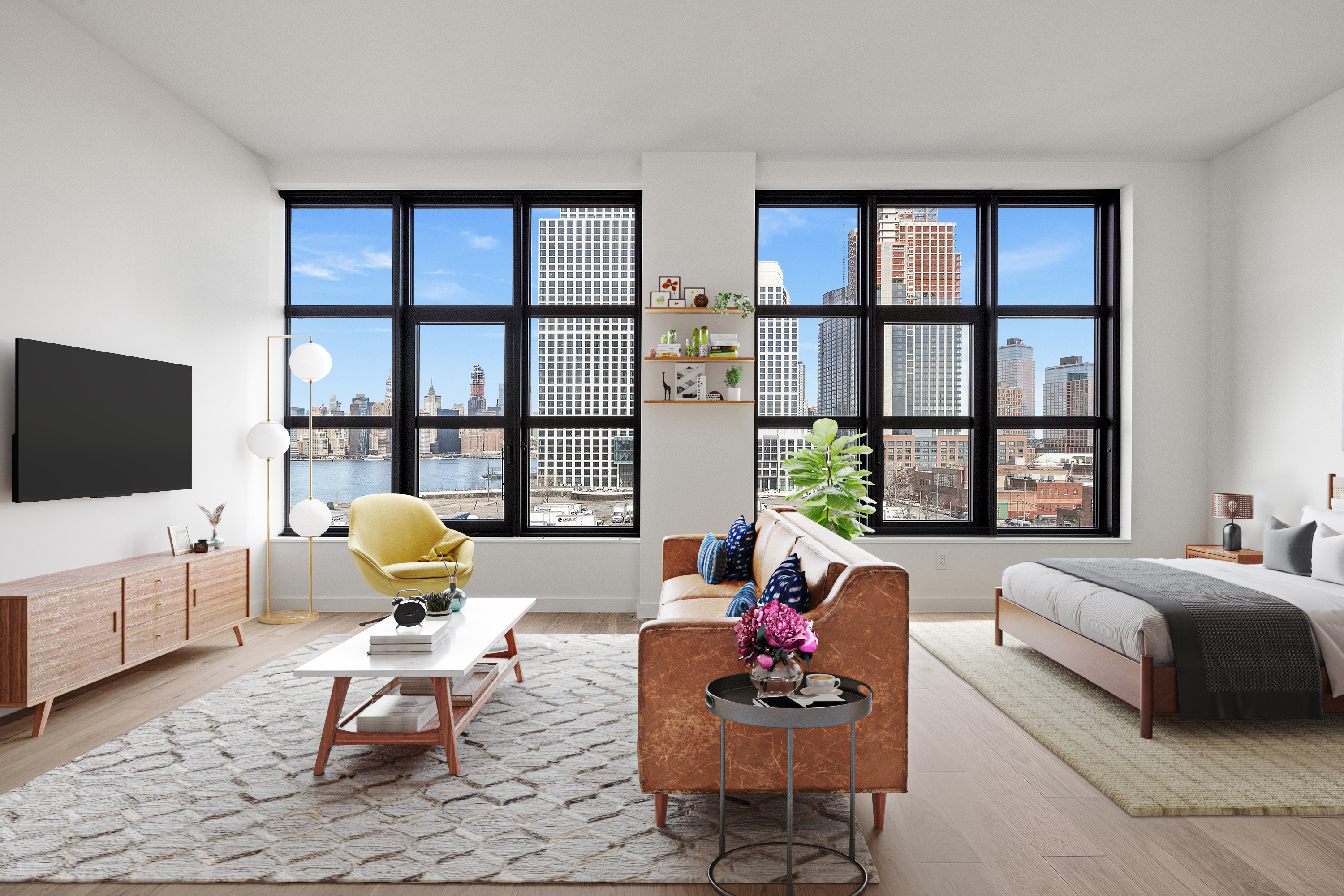 a living room with furniture fireplace and a window