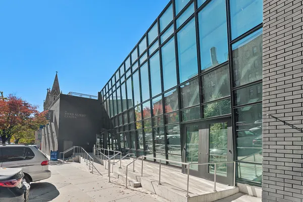 a building outdoor space with outdoor seating