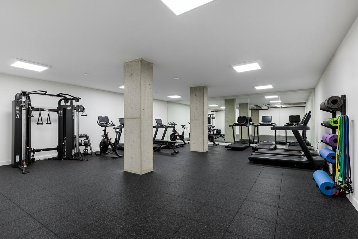 1333 Broadway, Unit 1104 Brooklyn, NY 11221 - Photo 10 of 14 a view of a room with gym equipment and large mirror