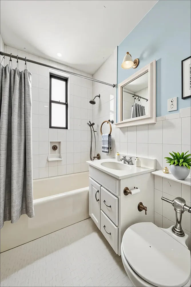 a bathroom with a granite countertop sink mirror and bathtub
