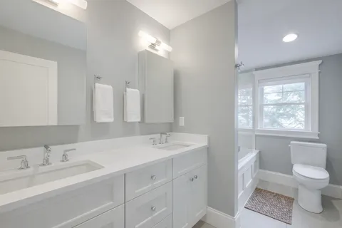 a bathroom with a sink double vanity and a toilet