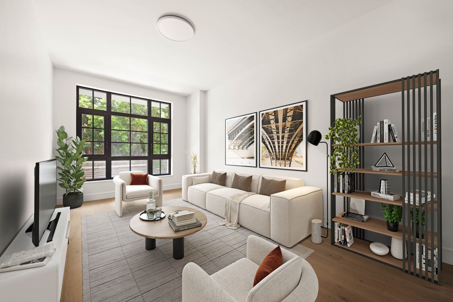 a living room with furniture and floor to ceiling windows