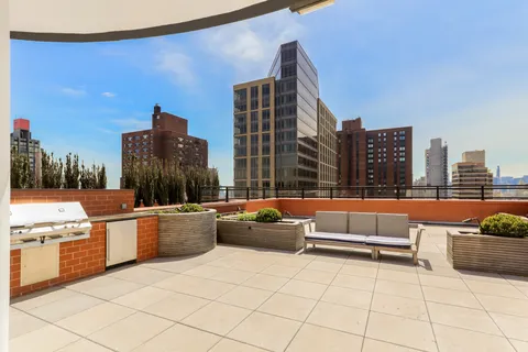 a view of roof deck with a barbeque and potted plants
