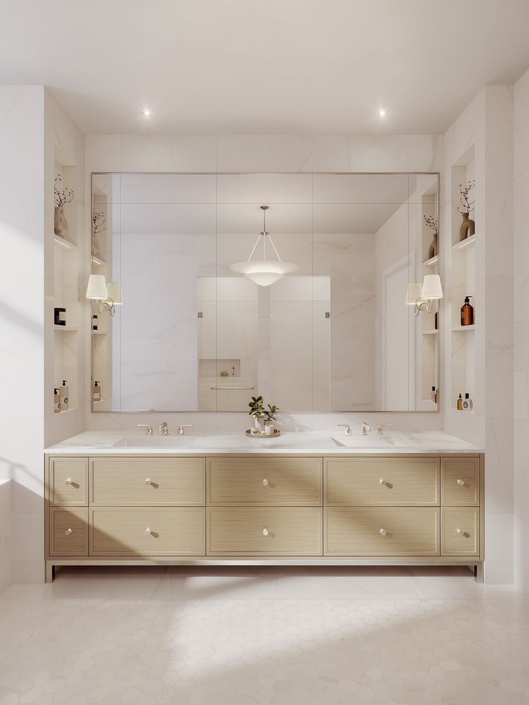 a bathroom with a bathtub sink and mirror