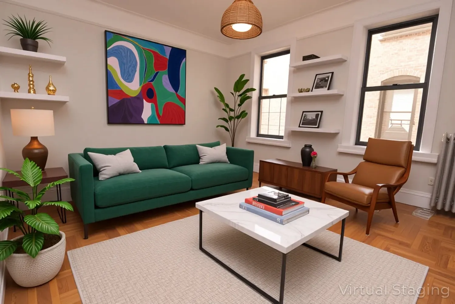 a living room with furniture potted plant and window