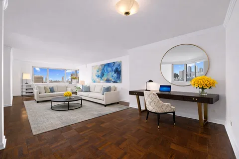 a living room with furniture and a potted plant